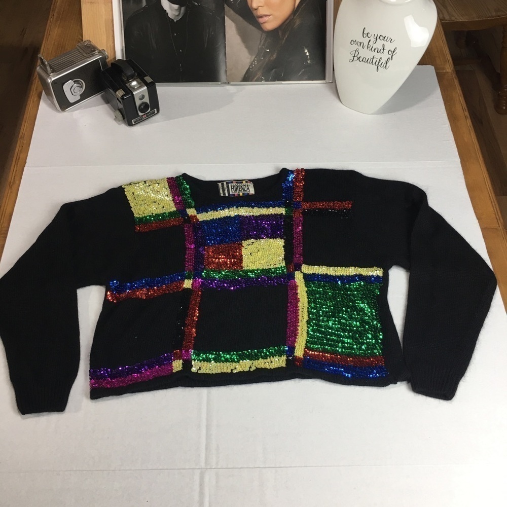 Vintage 90s Forenza Sequin PatchworkSweaterSilk Blend Knit Party GlamColorblock